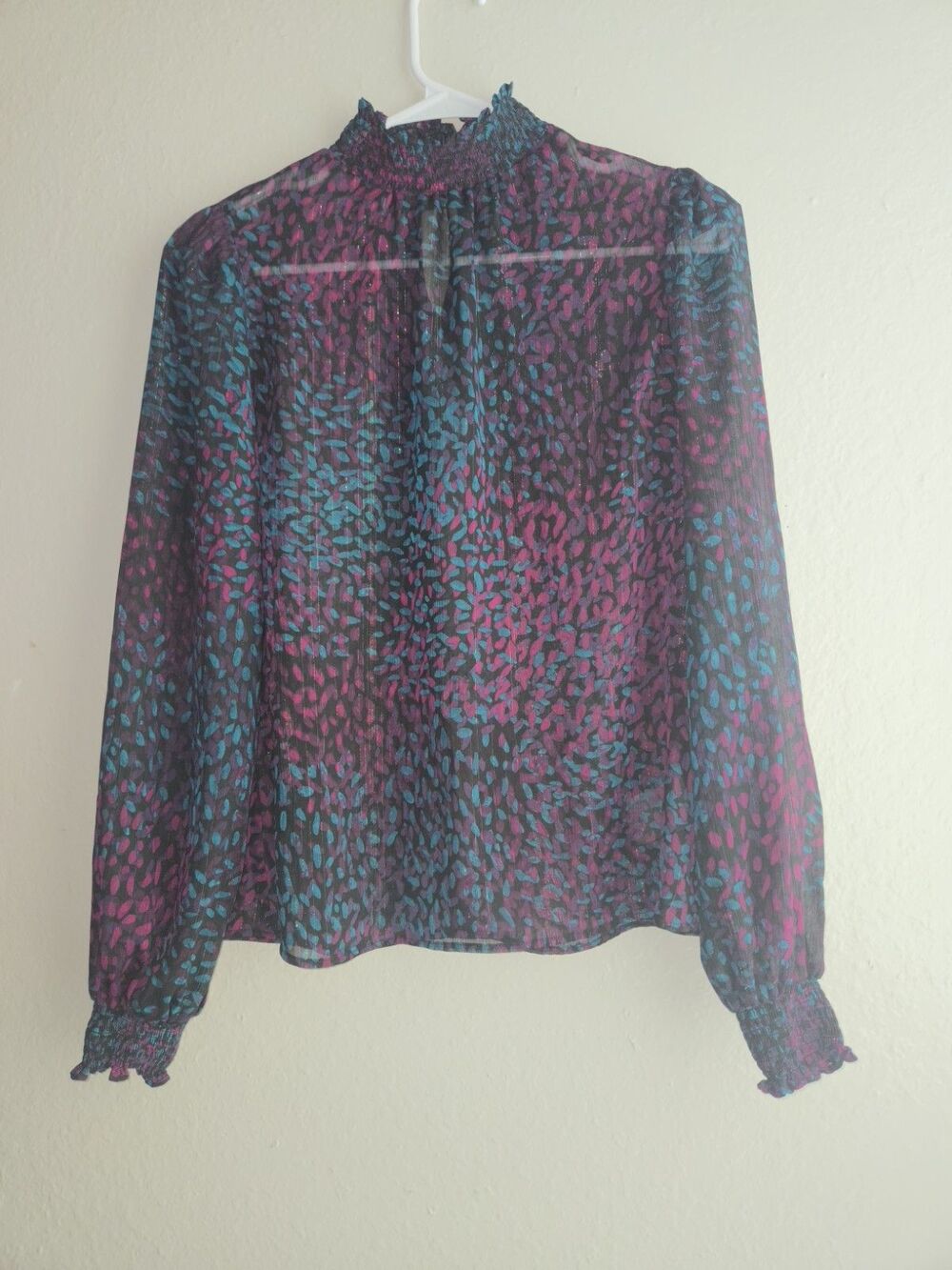 EXPRESS XS Sheer Smocked Mock Neck Blouse Purple Pink Shimmer Long Sleeve Top